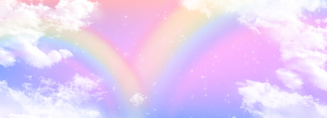 Rainbow sky unicorn dreamscape with pastel gradient. Fluffy white clouds floating through magical atmosphere with sparkling stars scattered across ethereal backdrop for fantasy childish design. © klyaksun