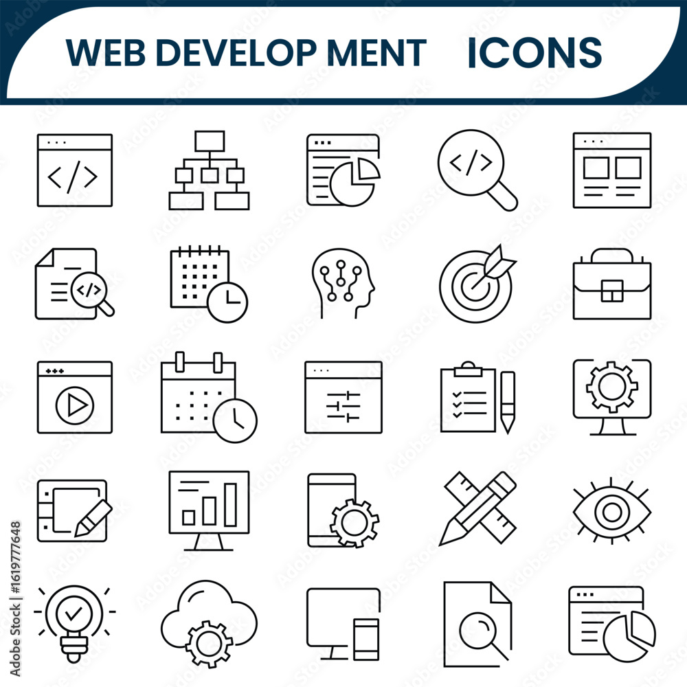 Poster web development icons vector set. business icons set such as developer, internet, technology, user i