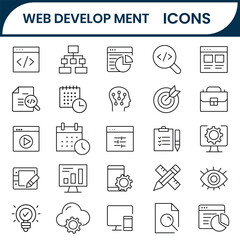 Web development icons vector set. Business icons set such as  Developer, internet, technology, user interface, link, blog, server, web development, internet, e-commerce.  Web development concept.