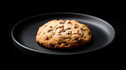 A warm chocolate chip cookie sits on a sleek black plate, highlighting its inviting texture.