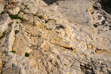 Warm-colored limestone rock with deep cracks and textures near the edge of the Adriatic Sea in Cape Kamenjak. A beautiful example of coastal erosion and geology