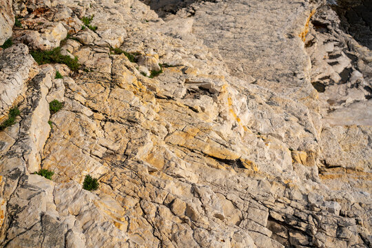 Warm-colored limestone rock with deep cracks and textures near the edge of the Adriatic Sea in Cape Kamenjak. A beautiful example of coastal erosion and geology - Powered by Adobe