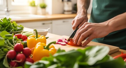 A person in an apron is cutting fresh vegetables on a wooden board in a bright kitchen, preparing a healthy meal.