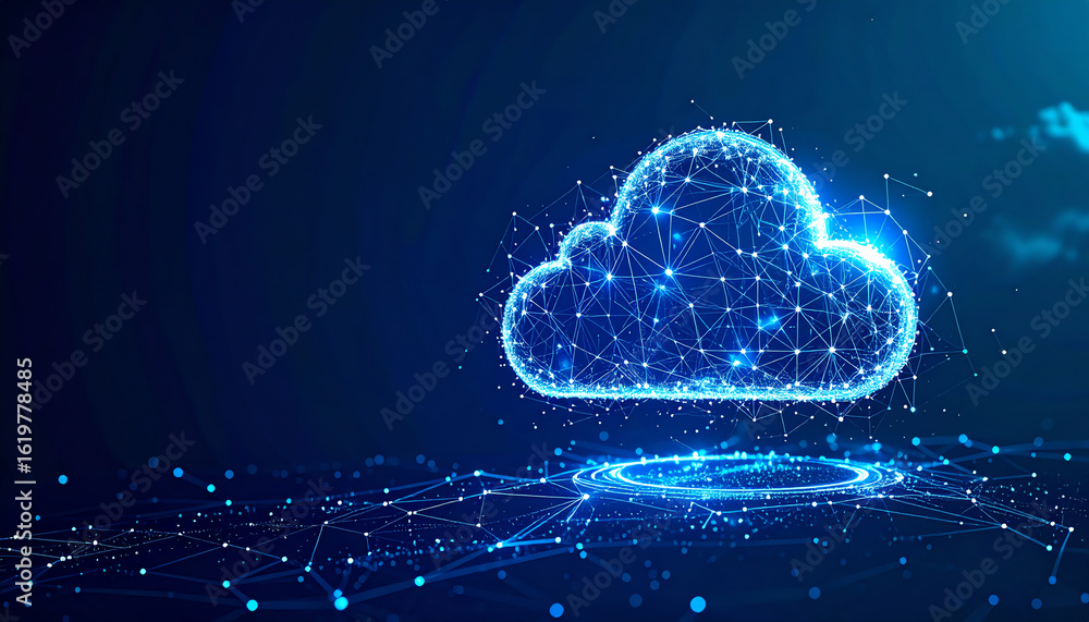 Poster a glowing, digital cloud made of interconnected lines and dots, symbolizing data storage and connect