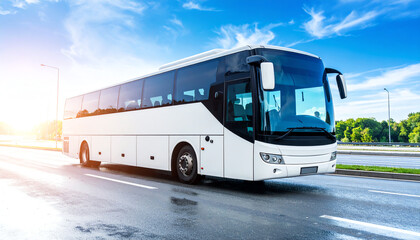 A modern white bus parked on a wet road, with a bright sky and green trees in the background, showcasing travel and transport