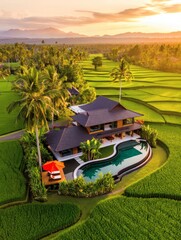 Aerial view of a luxurious tropical villa with a swimming pool, nestled in vibrant green rice paddies during a golden sunset.