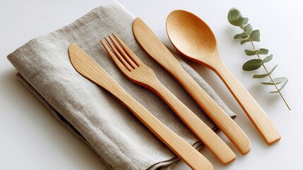 Wooden Cutlery Set and Napkin Mockup on White Background. High quality