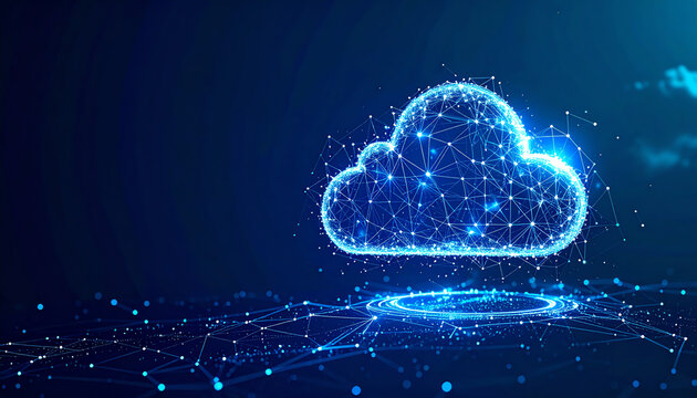 A glowing, digital cloud made of interconnected lines and dots, symbolizing data storage and connectivity in a futuristic setting
