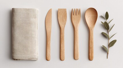 Wooden Cutlery Set and Napkin Mockup on White Background. High quality