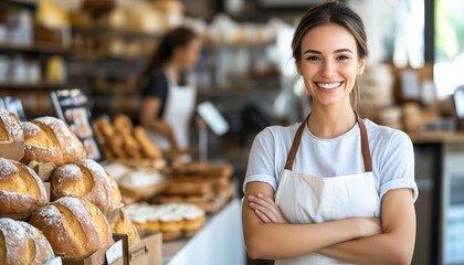 Charming bakery owner proudly showcasing a variety of fresh bread in a warm, inviting bakehouse.