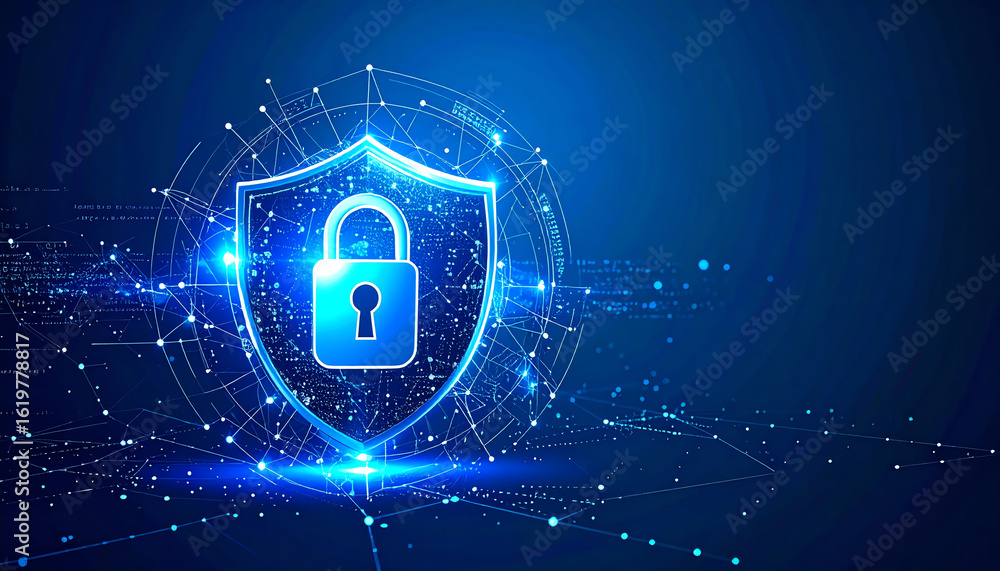 Poster a digital shield symbolizing cybersecurity, featuring a padlock and a network of connections on a bl