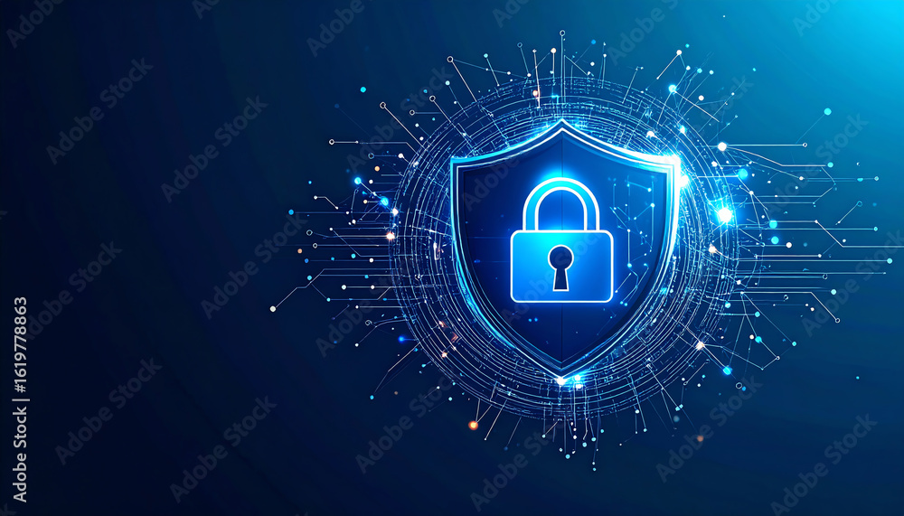 Poster digital shield icon with a padlock, representing cybersecurity and data protection, surrounded by gl