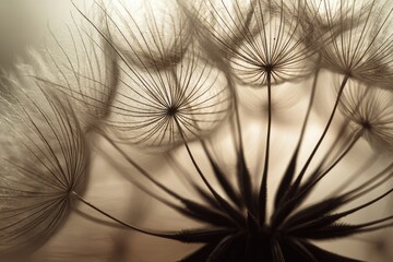 Obraz premium Close-up of delicate, seed-head clusters, backlit, showcasing intricate detail and soft, muted tones