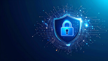 Digital shield icon with a padlock, representing cybersecurity and data protection, surrounded by glowing connections and circuits