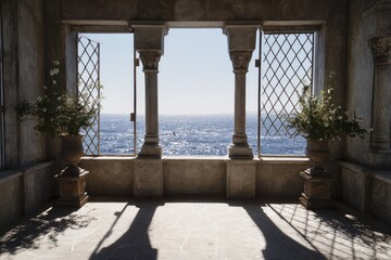 A vacant balcony featuring three stone railings decorated with terracotta pots, framed by angular concrete walls, with a view of the ocean.
