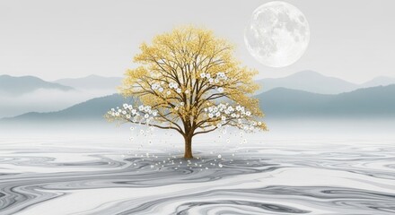 Golden tree under a full moon with misty mountains