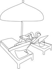 Abstract lineart drawing of a beautiful woman on the beach