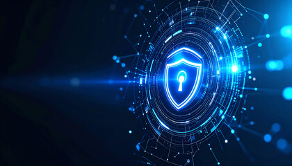 A futuristic shield symbolizing cybersecurity, surrounded by a network of glowing connections, representing digital protection and technology