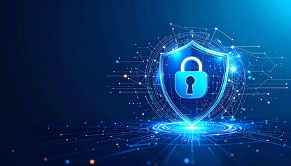 A digital shield with a padlock symbol, representing cybersecurity and protection in a modern, high-tech environment