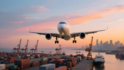 Commercial airplane flies over busy port and city skyline at colorful sunset.