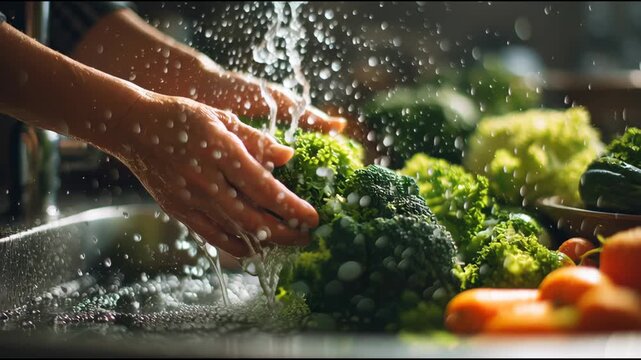 Hands Washing Fresh Vegetables in Sink with Water Droplets Creating Refreshing Scene of Broccoli and More Vegetables
