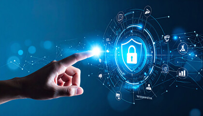 A hand interacts with a digital security interface, highlighting concepts of cybersecurity and data protection through glowing graphics and a shield icon