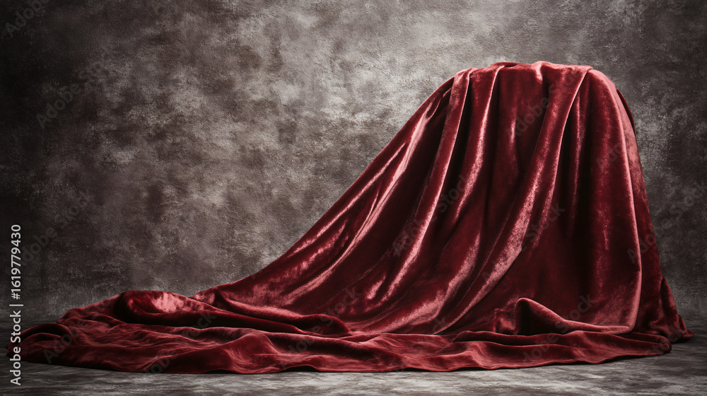 Poster soft and warm red blanket draped elegantly on a subtle gray background for a cozy setting