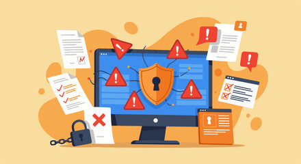 Illustration depicting computer security, data breaches, and information protection.