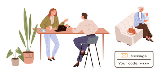 Coworkers discussing tasks at a desk with laptop and coffee, while elderly woman holds baby on sofa. Ideal for teamwork, workplace, caregiving, family support, office balance, communication, simple