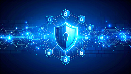 Digital shield graphic representing cybersecurity with interconnected locks, illustrating protection and data security in a modern technological environment