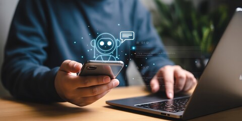Person holding smartphone with glowing chatbot icon interacting with laptop artificial intelligence technology