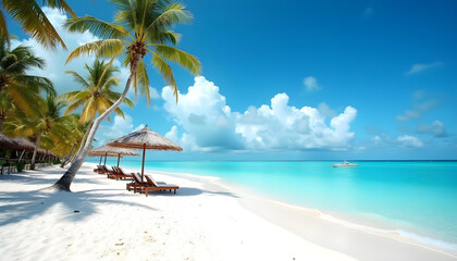 Pristine white sand beach with turquoise water, palm trees, and sunny sky.