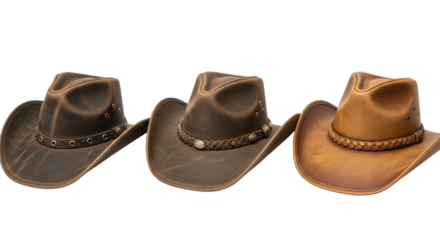 Four distinct western cowboy hats showing leather textures, tooling, metal eyelets, studs, and braided bands, arranged horizontally on a transparent isolated background, studio lighting. Concept