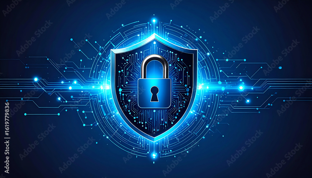 Aufkleber a digital shield with a padlock symbolizes cybersecurity, featuring a circuit-like design and glowin