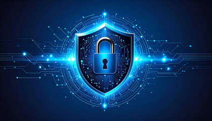 A digital shield with a padlock symbolizes cybersecurity, featuring a circuit-like design and glowing elements on a dark blue background