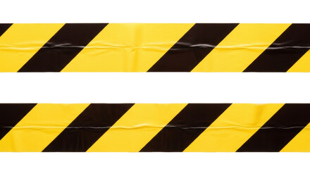 Two distinct strips of yellow hazard tape with bold black diagonal stripes, showing natural creases, perfectly isolated against a pristine bright white background with even studio lighting, top-down