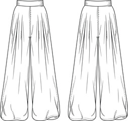 Wide leg pants fashion sketch, high waist pleated trouser design, CAD apparel template for clothing production and garment illustration