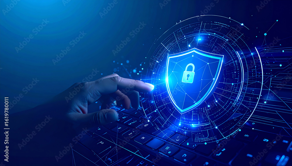 Aufkleber a hand reaches towards a digital shield symbolizing cybersecurity, emphasizing protection and securi