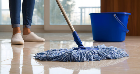 A woman washes the floor with a mop. Mop close-up while cleaning the floor. House cleaning. A woman wipes dust from the floor with a wet mop. Wet floor cleaning. Housework, takes care of cleanliness.