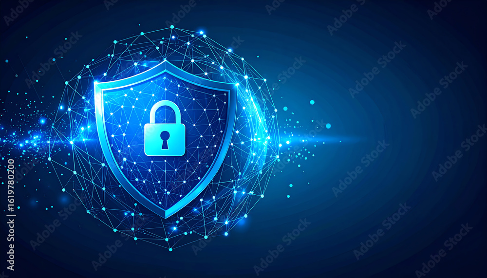 Poster a digital shield symbolizing cybersecurity, featuring a lock and connected nodes, representing data 