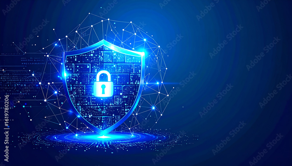 Poster a glowing shield with a padlock symbolizes cybersecurity, surrounded by digital connections and data