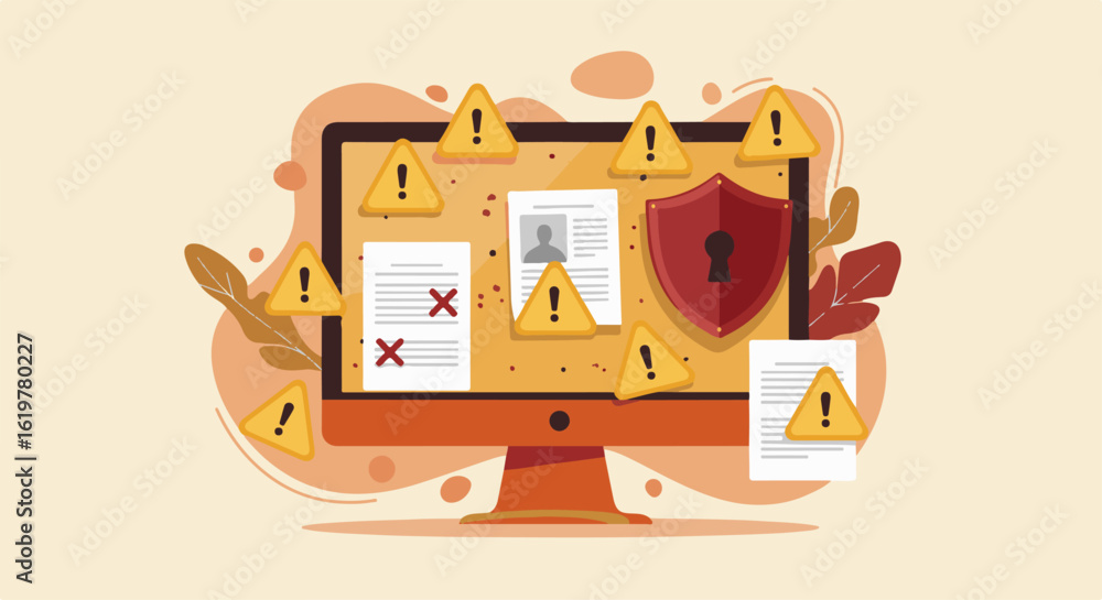 Aufkleber computer monitor displaying document security breach with warning signs, shield, and red crosses on 
