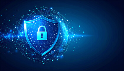 A digital shield symbolizing cybersecurity, featuring a lock and connected nodes, representing data protection and technology