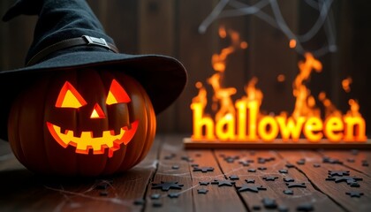 Halloween background with an orange pumpkin with a sinister smile in a witch's hat on a dark background, a place for text. 