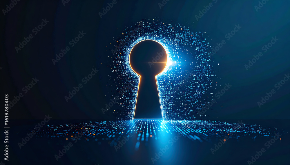 Poster a glowing keyhole reveals a stream of digital data, symbolizing access, security, and the connection
