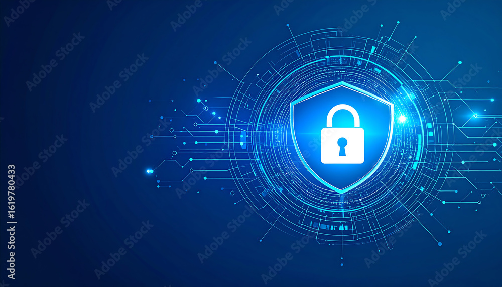 Poster a digital shield with a lock symbol, surrounded by blue circuitry, represents cybersecurity and data