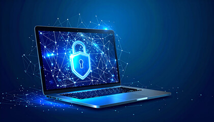A sleek laptop displays a glowing padlock symbol, representing digital security and protection in a futuristic, connected environment