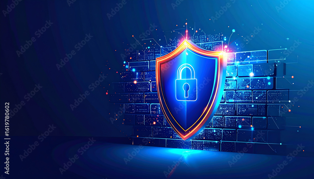 Aufkleber digital shield with a lock symbol, representing cybersecurity, set against a blue background with ab