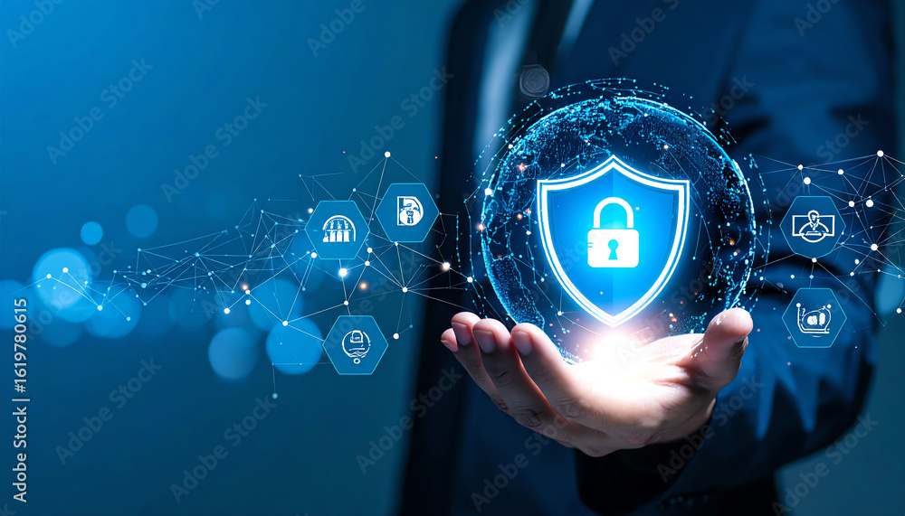 Aufkleber a person holds a glowing globe with a shield icon, symbolizing cybersecurity and data protection in 