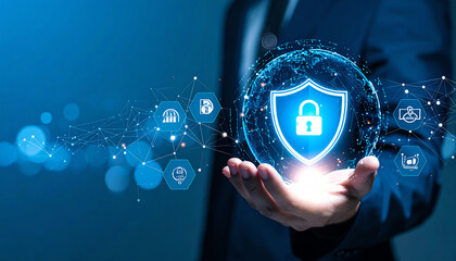 A person holds a glowing globe with a shield icon, symbolizing cybersecurity and data protection in a digital environment